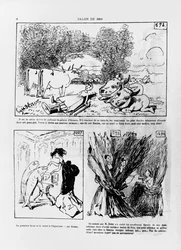 Karikaturen der Werke der französischen Künstler Courbet, Gaume und Jundt, aus der Zeitschrift 